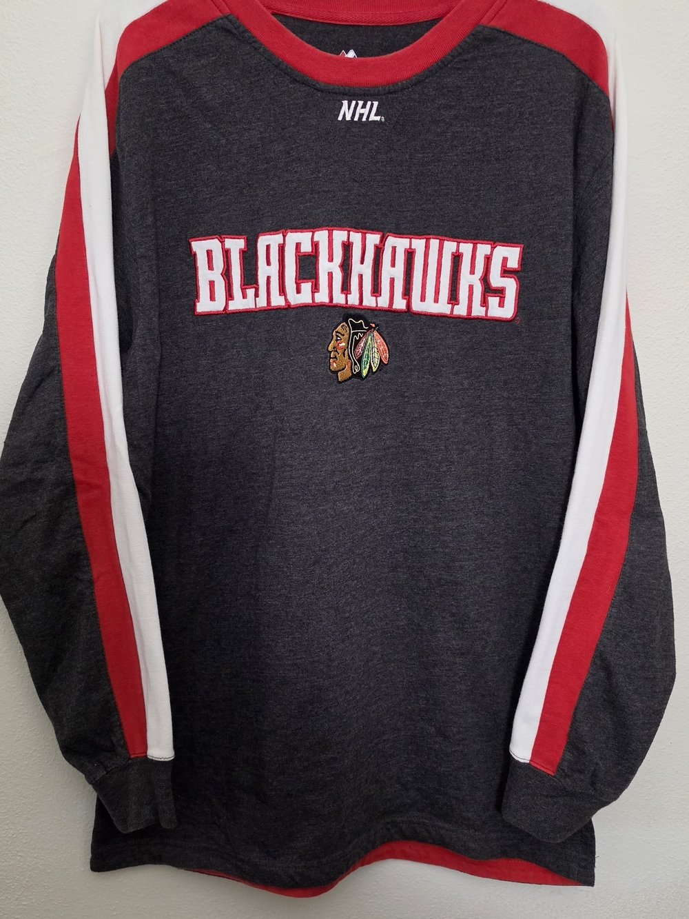Majestic Blackhawks Charcoal Crewneck with Red and White Stripes